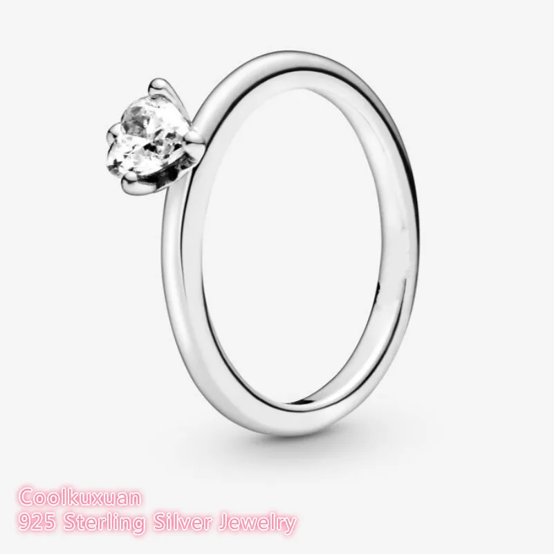 

100% 925 Sterling Silver Clear Heart Solitaire Ring For Women Wedding Gift Original Jewelry Accessories