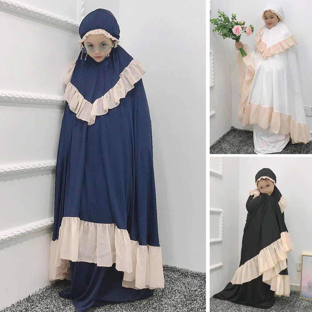 Muslim Kids Girls 2 Pieces Set Eid Ramadan Overhead Khimar Skirt Suit Islamic Prayer Garment Arabic Robe Abaya Dress Kaftan Gown