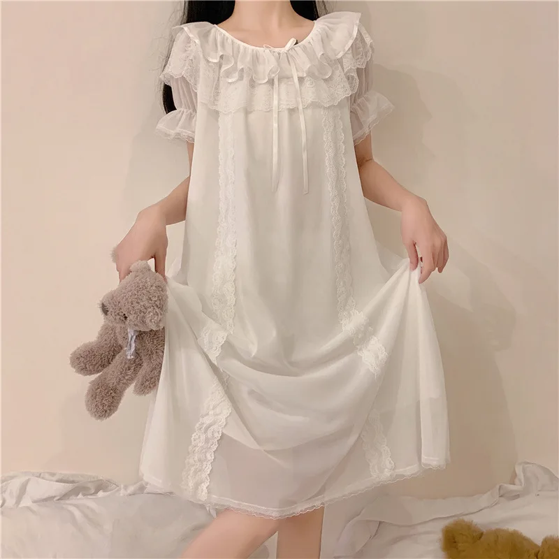 Princess Sleepwear Women Lolita Nightie White Lace Mesh Peignoir Fairy Night Dress Victorian Vintage Nightgown Kawaii Nightdress