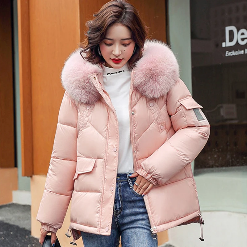 Short Down Padded Jacket Women Outerwear New Winter Bread Clothing Female Fashion Thick Fur Collar Loose Hooded Parka Jacket