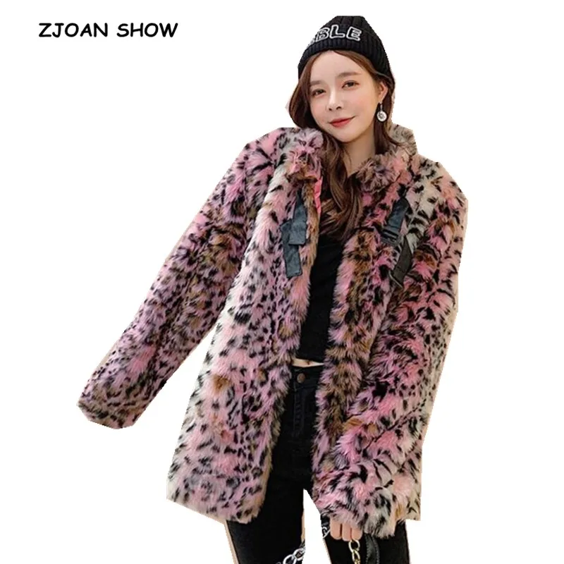 Winter Stand Collar Hairy Shaggy Faux Fur Leopard Coat Pink Vintage Long sleeve Furry Faux Fur Women Jacket Loose Outerwear