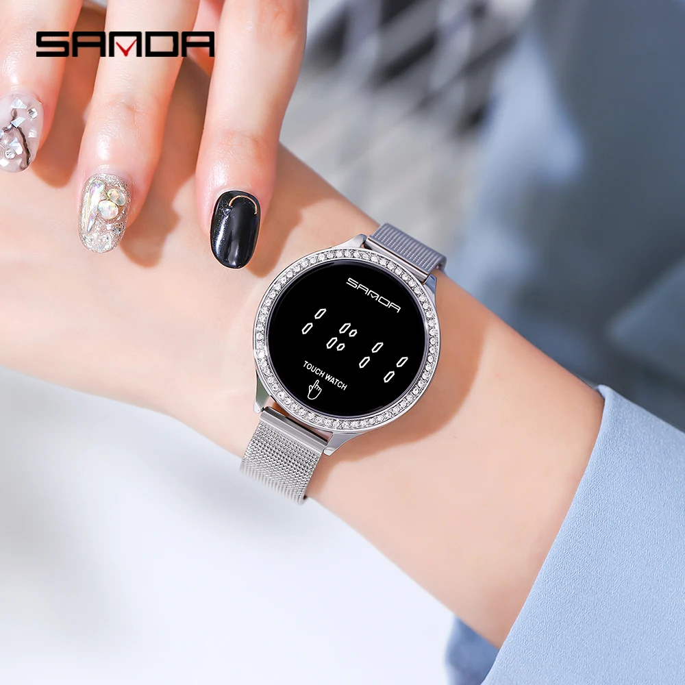 SANDA New  Fashion Women LED Light Touch Screen Digital Watches Waterproof Wristwatches Female Clock Relogio Feminino 8006