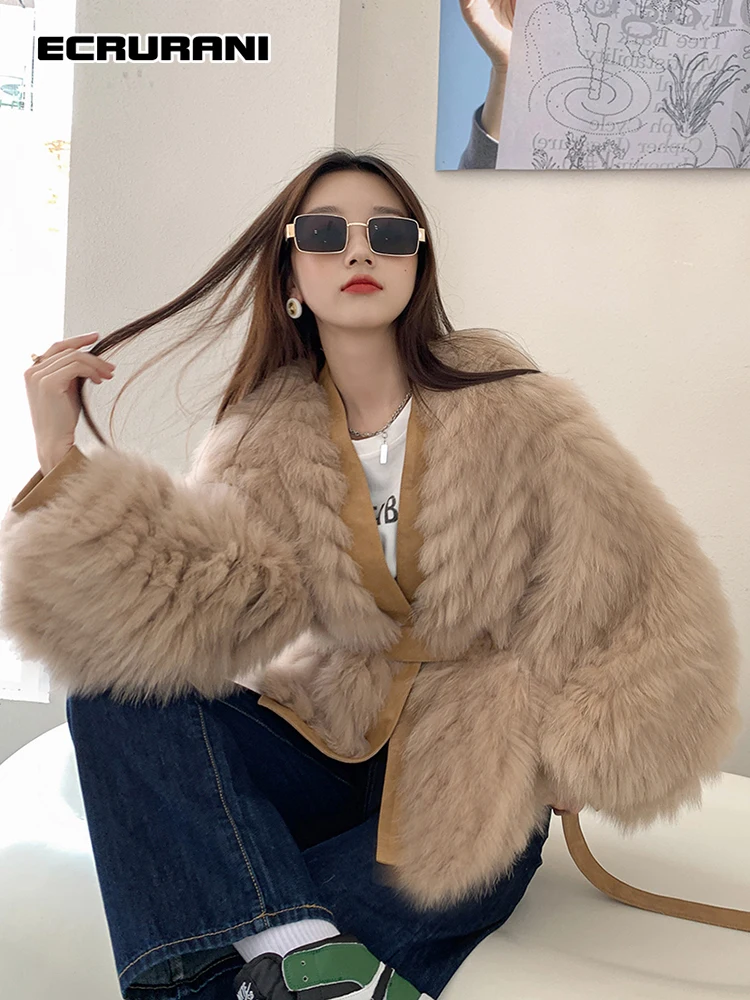 

ECRURANI Lace Up Colorblock Fur Coat For Women V Neck Long Sleeve Gathered Waist Temperament Thick Coats Female New Winter 2021