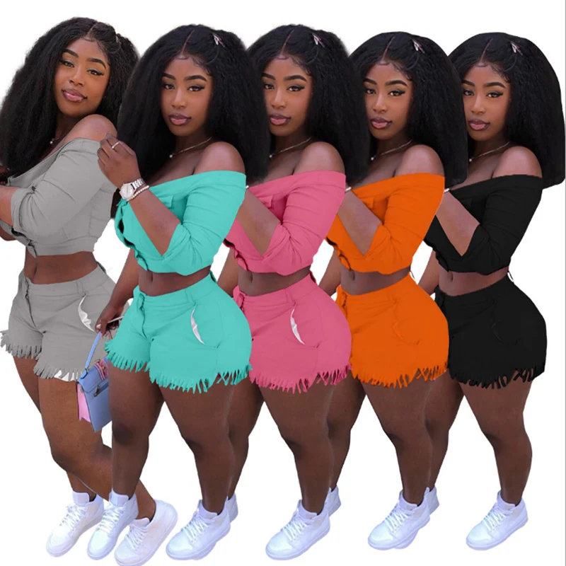 Two Piece Set Women Off Shoulder Buttons Crop Top Shorts 2 Piece Set Outfits Tracksuit Plus Size Casual Streetwear S 3XL 4XL