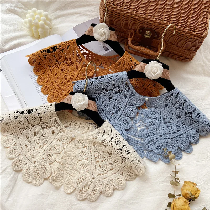 

Vintage Shawl O-Neck Doll Fake Collar Shirt Women Hollow Crochet Lace False Collar Detachable Woman Half Shirt Faux Col