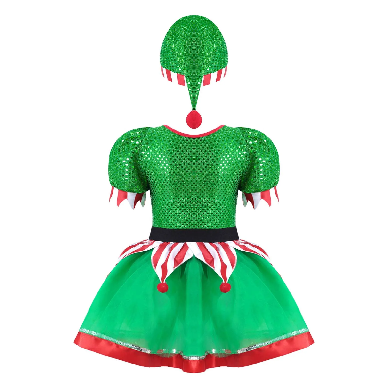 Kids Girls Christmas Elf Costume Sequins Pompoms Adorned Mesh Tutu Dress with Hat Xmas for New Year Party Cosplay Performance