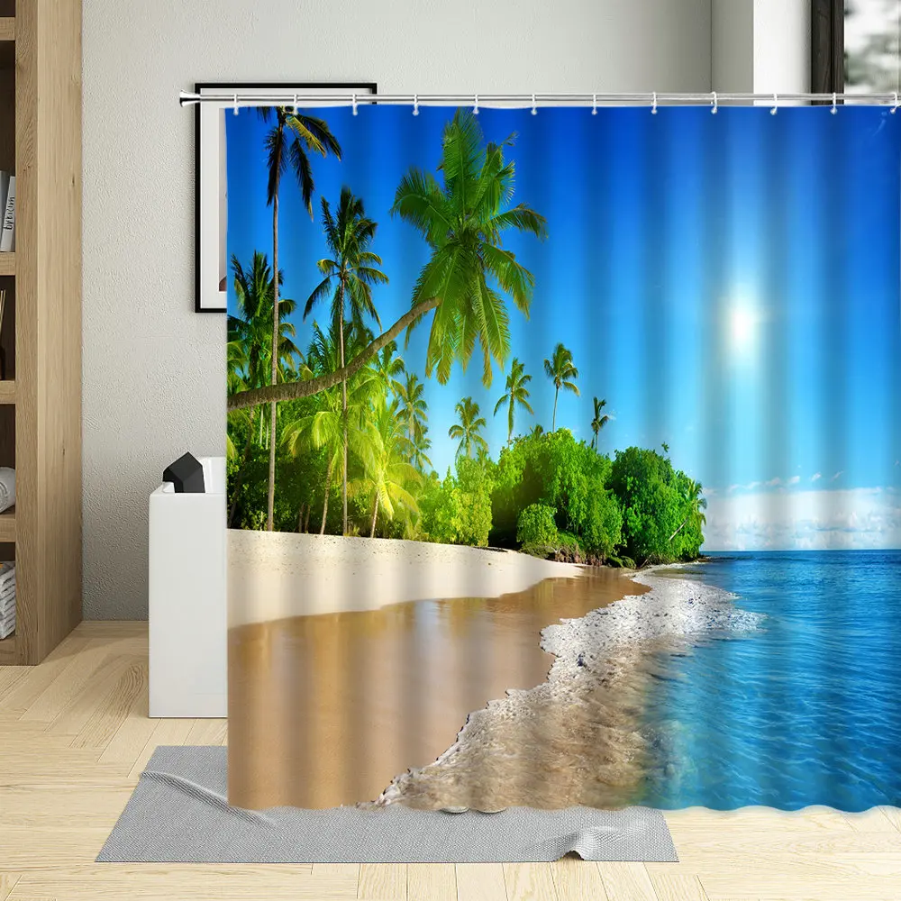 

Summer Beach Shower Curtains Sea Palm Tree Bathroom Decor Ocean Scenery Waterproof Curtain With Hooks Polyester Fabric Washable