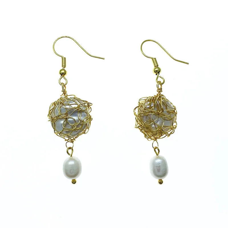 Hongye Vintage Natural Freshwater Pearls Drop Earrings for Women Elegant Party Handmade Wound Metal Dangle Brincos Jewelry 2021