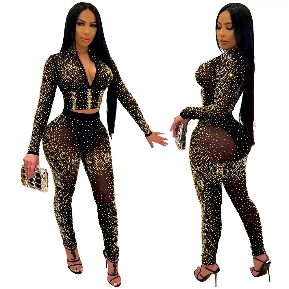 2021 Luxury Glittering Diamond Jumpsuit Women Turtleneck Halter Backless Sequin Playsuits Party Club Matching Outfits