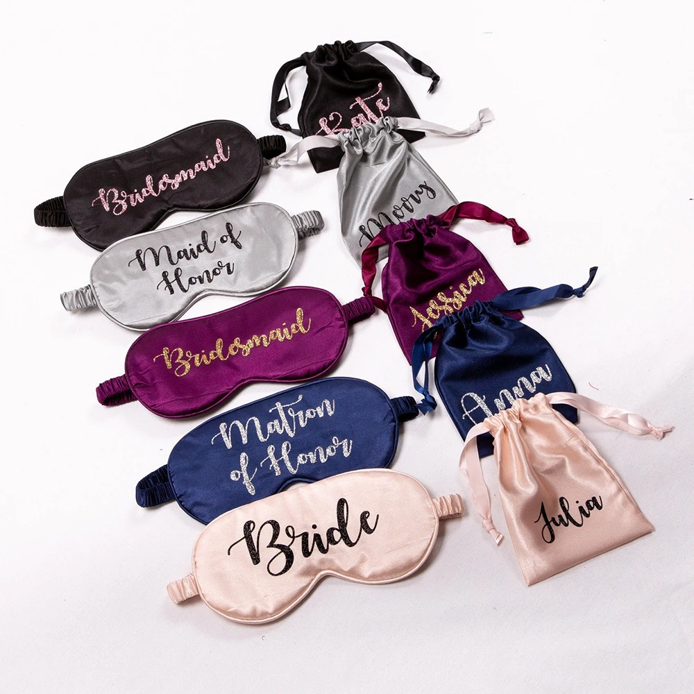 Personalised Silky Satin Eye Mask Customized Monogram Wedding Favor Bridesmaid Gift Ideas Bachelorette Party Bride Travel Set