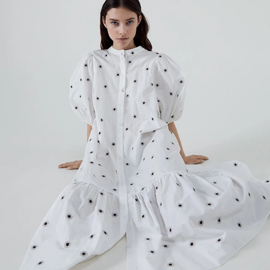 TEELYNN puff sleeve midi women dresses vintage polka dot dress white cotton floral embroidery summer dress casual party vestidos