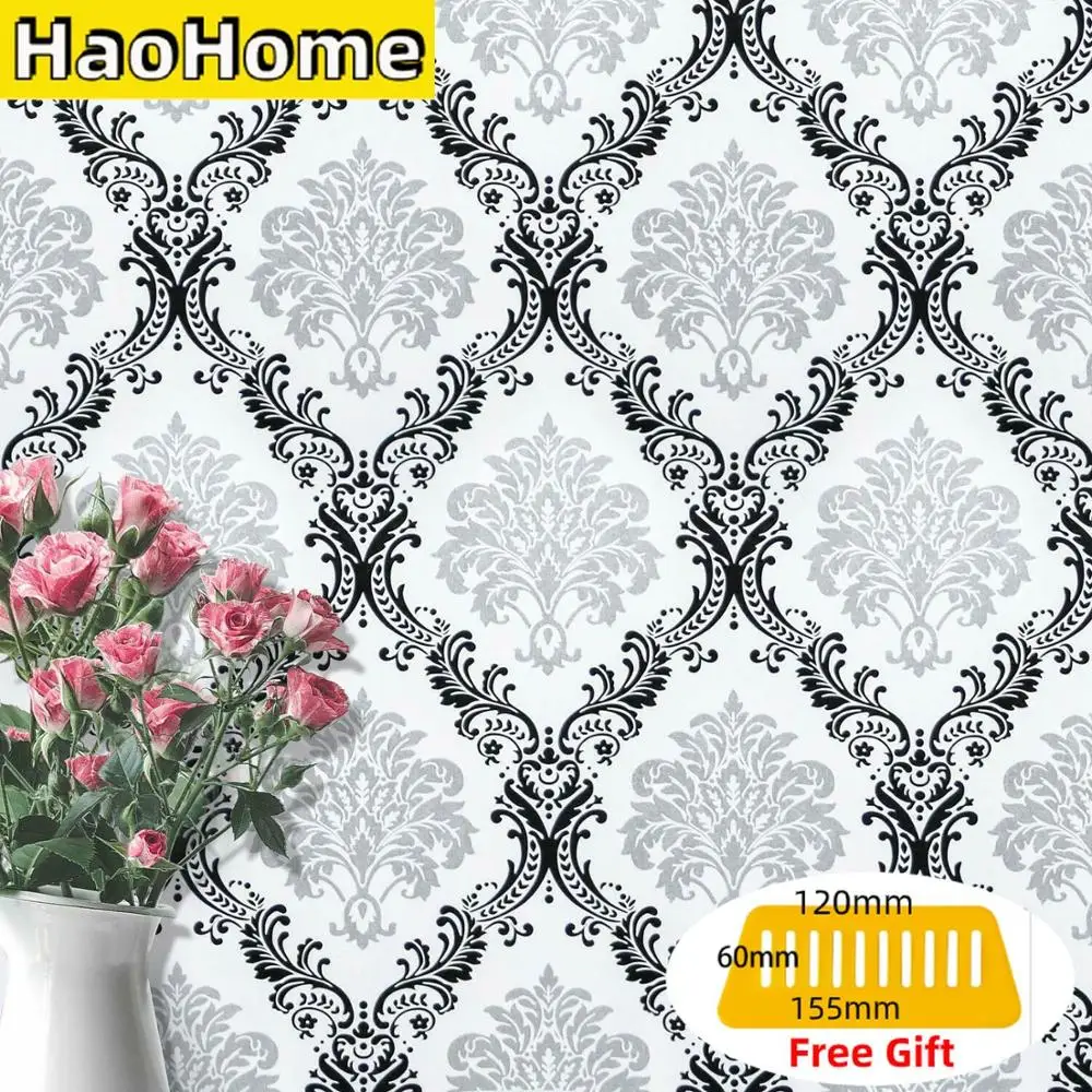 HaoHome White Black Peel and Stick Wallpaper Removable Contact Paper Self Adhesive Vinyl Damask Wall Coverings