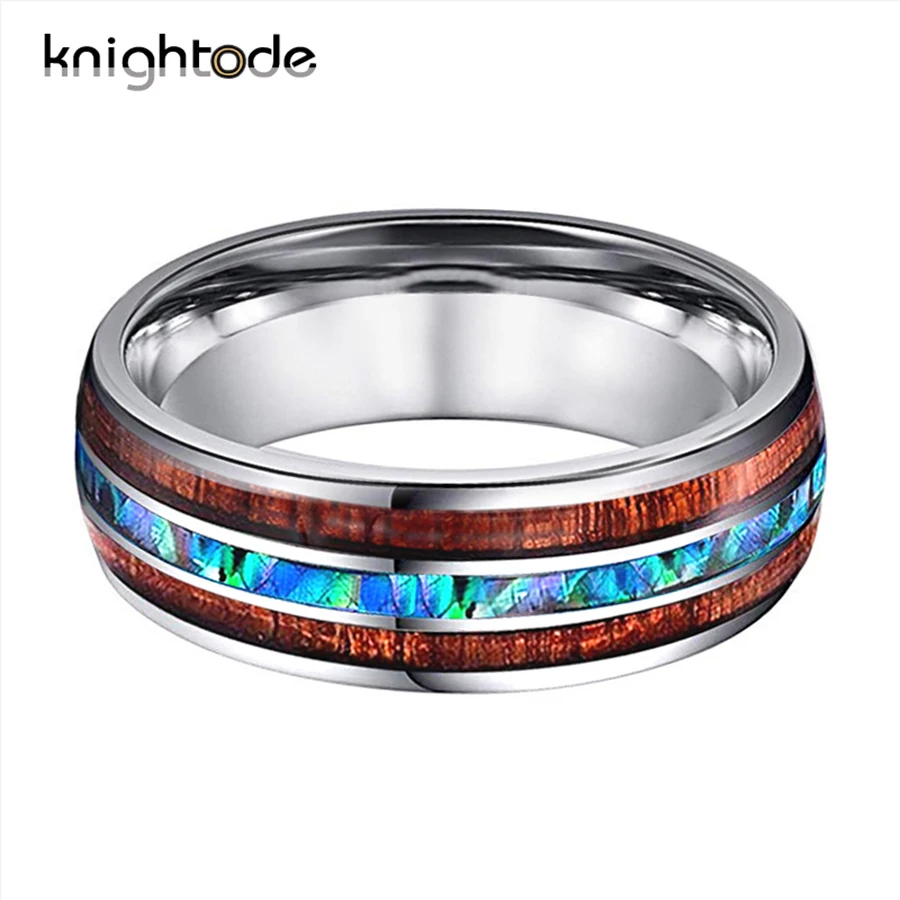 8mm Tungsten Rings For Men Women Wedding Bands Abalone Shell Chip Koa Wood Inlay Domed Polished New Fashion Gothic Punk Ring