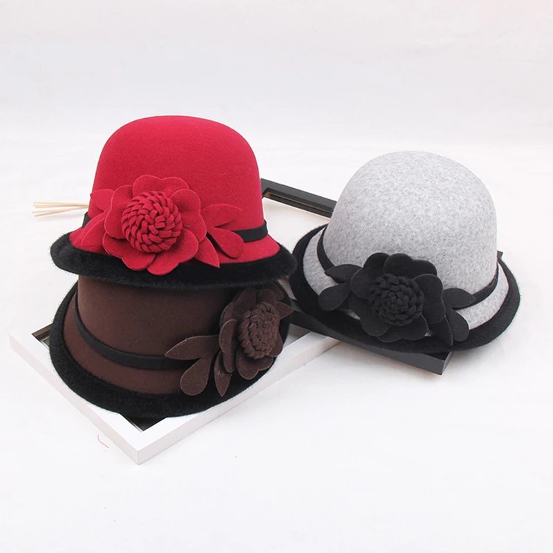 Women Elegant Woolen Fedora Three-dimensional Flowers Ladies Fall Hats Female Bucket Hat Short Brim Autumn Cap