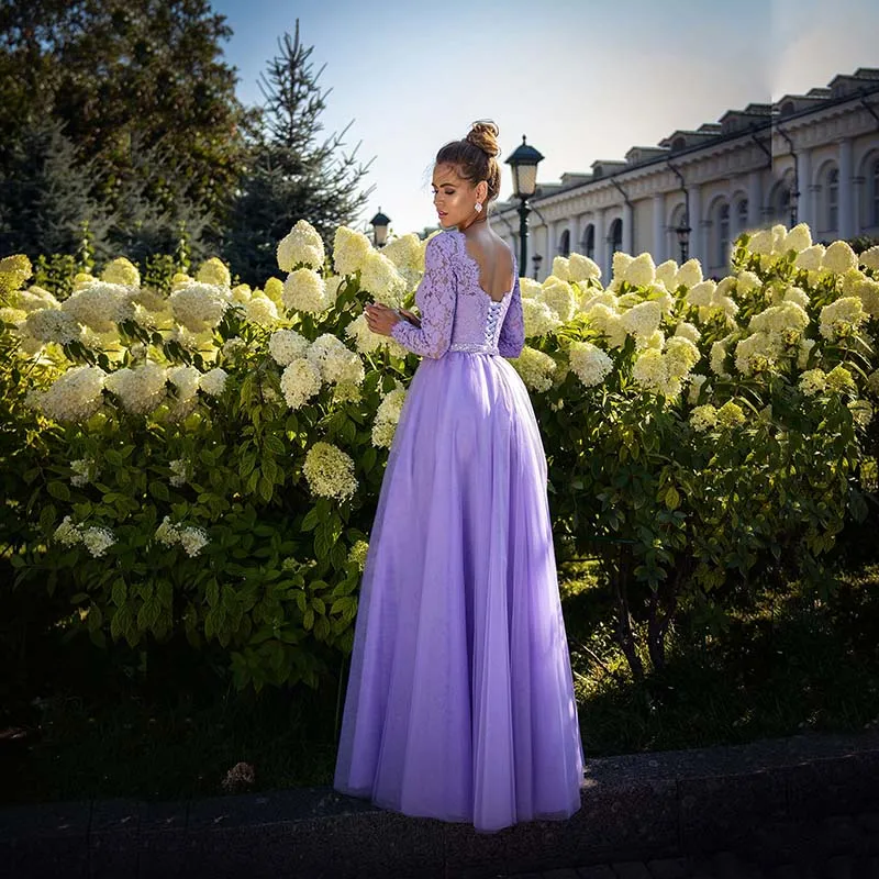 Customized Lilac Lace Long Sleeve Evening Party Dresses V Neck Beaded Belt Back Out Prom Formal Gown Customized Robe De Soirée