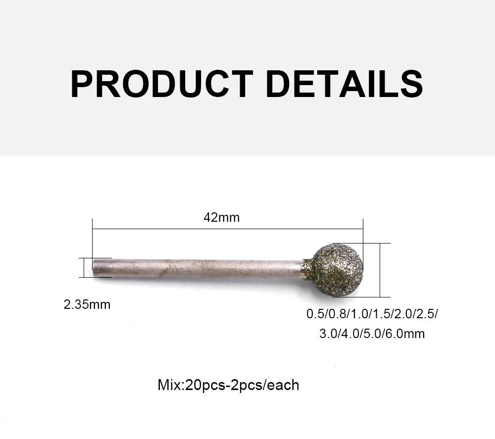 Reilyn 20 Stück kugelförmige Diamantschleifköpfe 2,35 mm 120 # Grobes Grit für Jade-Polier-, Form- und Schleifwerkzeuge – Detail 2