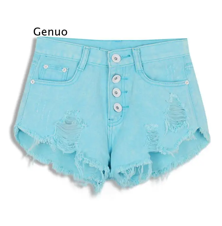 

Women Candy Color Hole Denim Shorts High Waist XL Solid Casual Jeans Shorts Vintage Cotton Blue Black Short Pants