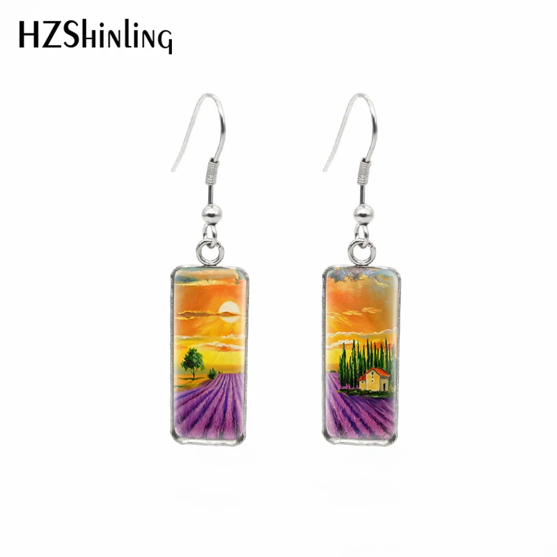 2021 New Lavender Field Rectangular Earring Purple Flower Fish Hook Earrings Glass Dome Handmade Jewelry