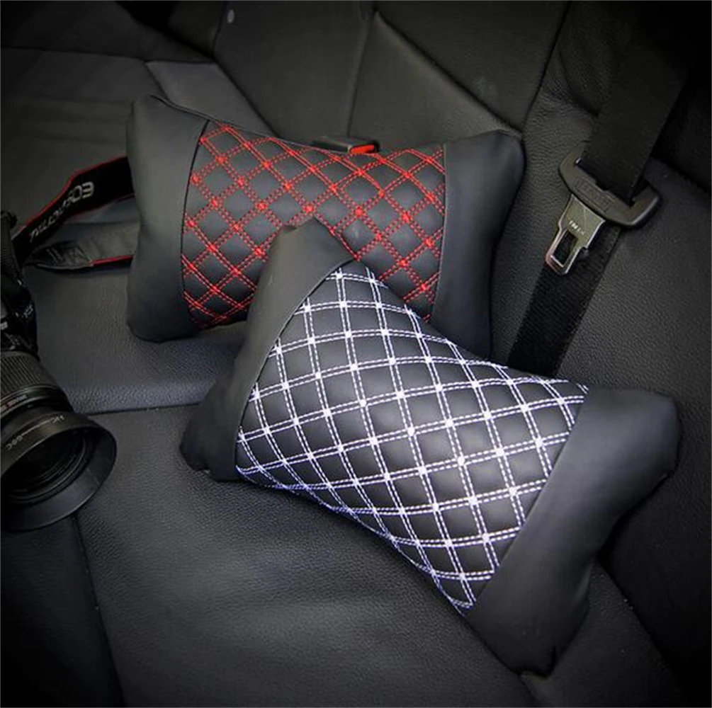 2 Pieces Car PU Leather Headrest Neck Pillow Car Head Neck Pillow Seat Back Support Cushion