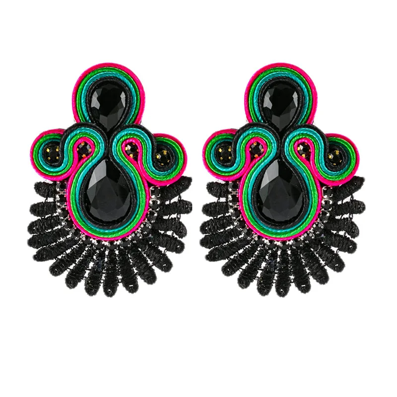 Soutache Lace earings piercing fashion jewelry Large earring for women Handmade weave Romantic boho Ethnic yellow green purple
