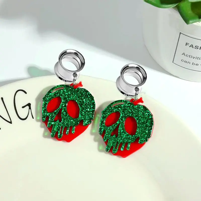 2PC Green Skull Ear Plugs Tunnels Stretch Gauges Earrings Ear Piercings Expander Halloween Body Pierc Jewelry Stainless Steel