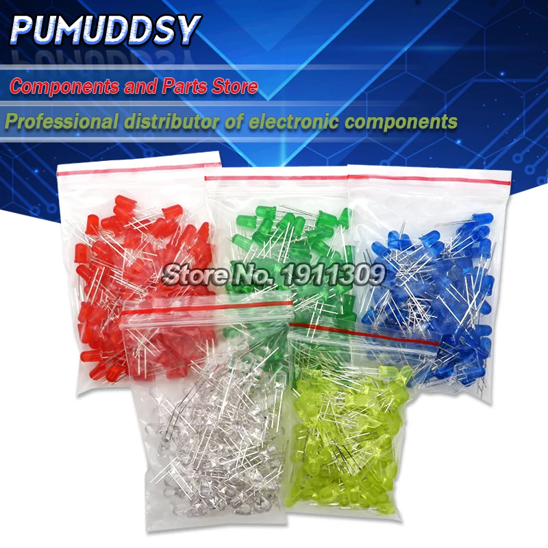 500Pcs/lot 5MM LED Diode Kit Mixed Color Red Green Yellow Blue White  5value*100pcs