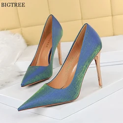 BIGTREE Wedding Women Pumps Autumn Metal Heels Woman Shallow Sexy Party Shoes Pointy Toe Stiletto Silk Ladies Work Shoes Plus 43