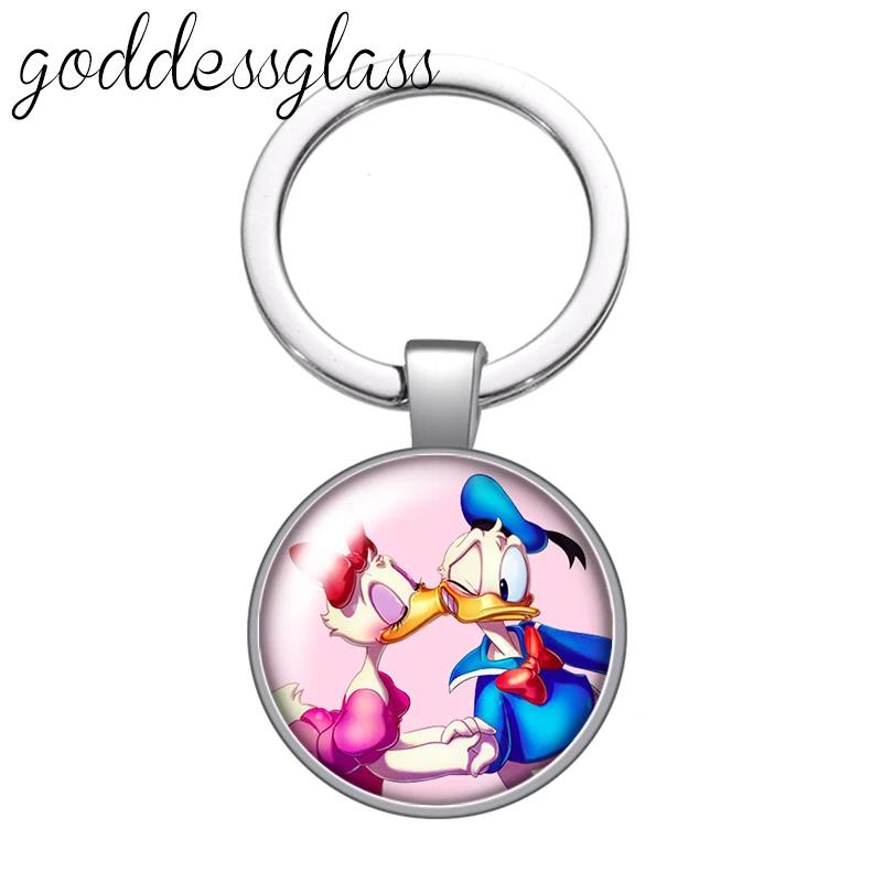 Disney Cute Donald Daisy Love Duck cartoon glass cabochon keychain Bag Car key chain Ring Holder Charms keychains gift