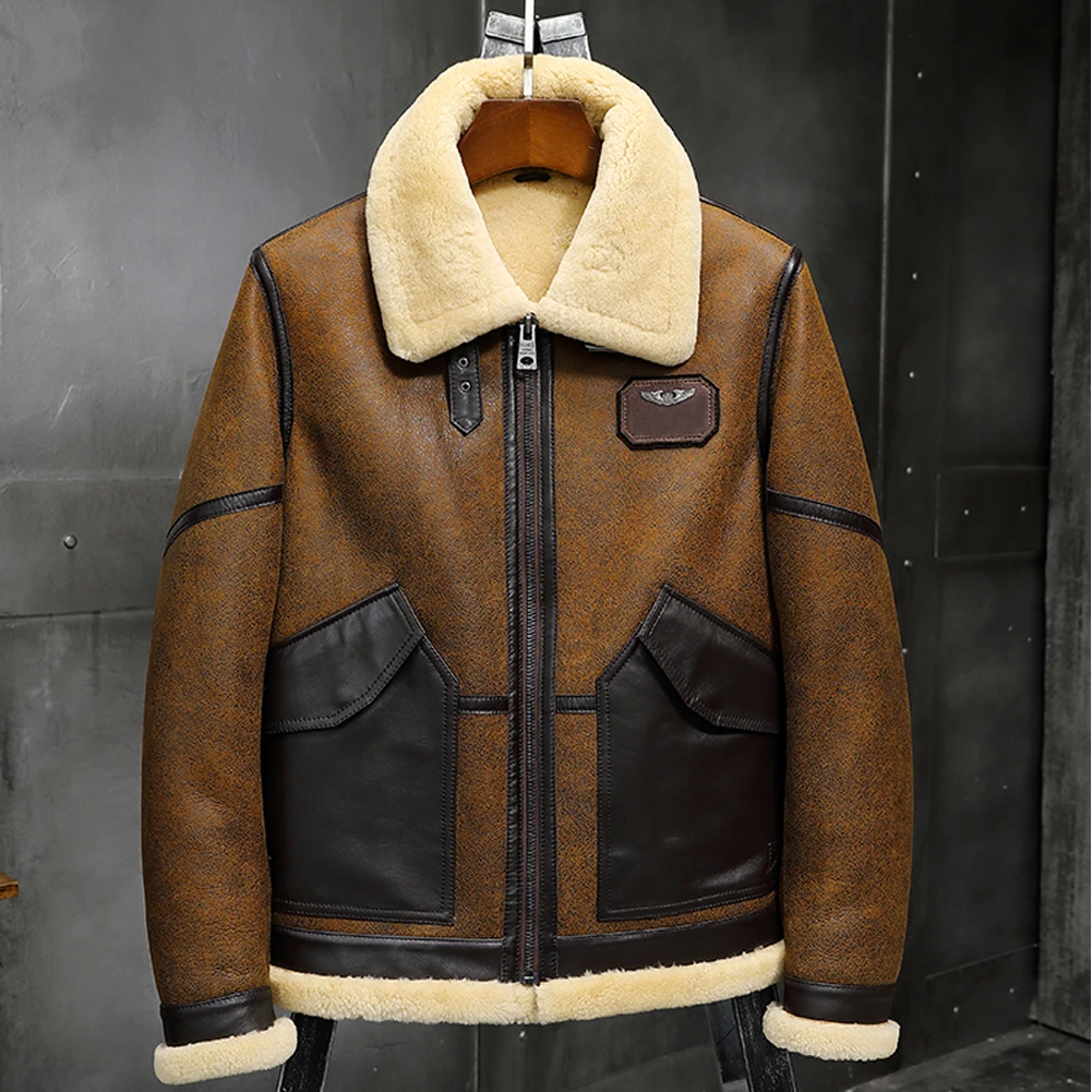 

2019 New Mens Brown B3 Shearling Jacket Sheepskin Coat Leather Jacket Fur Coat Airforce Flight Jacket Mens Winter Coats