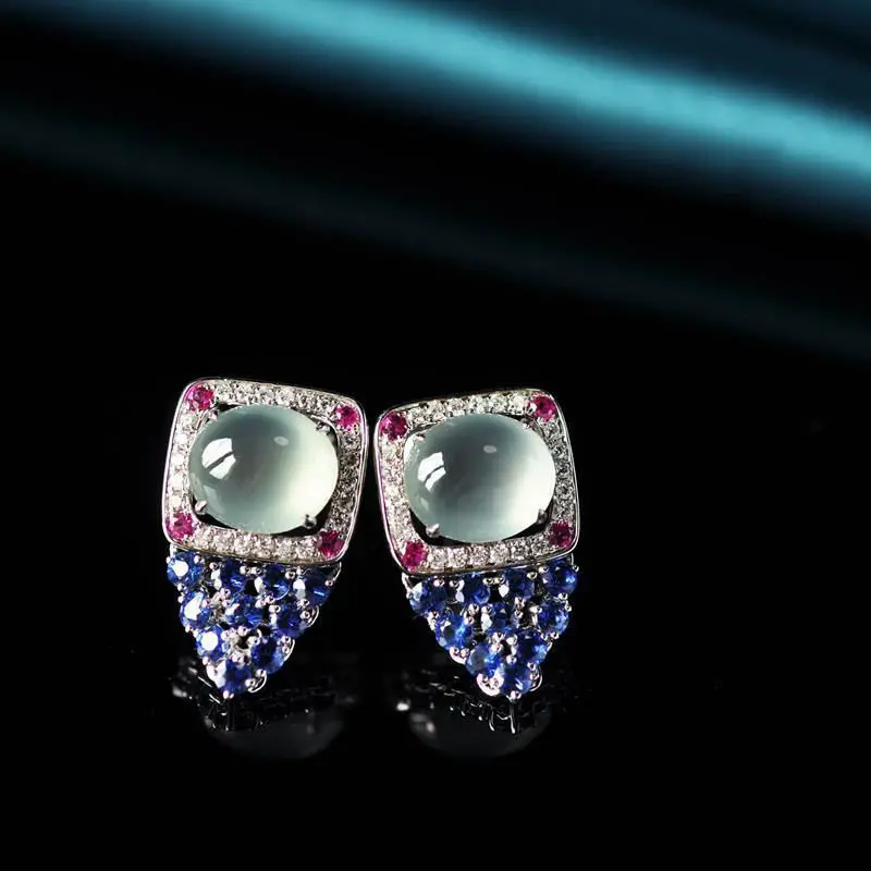Original new silver diamond natural ice egg round chalcedony earrings luxury high-end elegant ladies jewelry