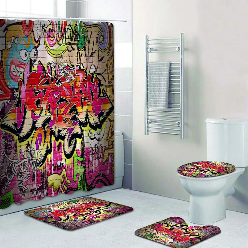 Hip Hop Graffiti Wall Urban Art Bathroom Curtains Shower Curtain Set for Bathroom Grunge Spray Artistic Bath Mat Rugs Home Decor