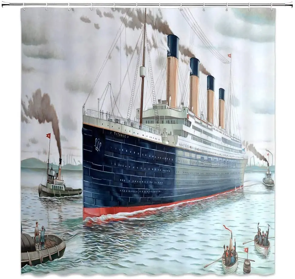 Retro Classic Titanic Ship Ocean Scenery Watercolor Art Bathroom Decoration Curtains