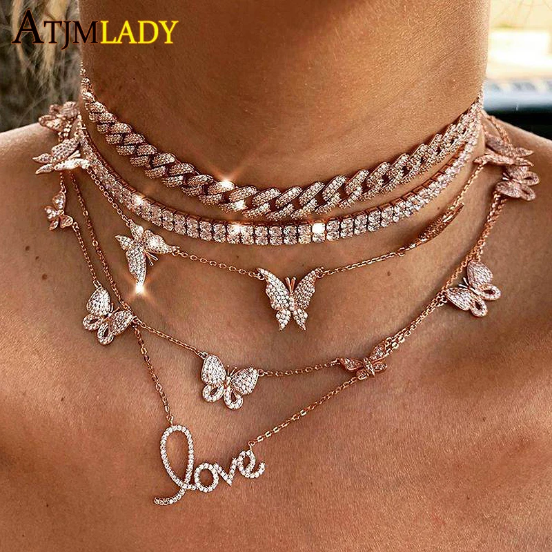 Iced Out Bling cz cubic zirconia 10mm Miami Cuban Link Chain Necklace women girls Hip hop 32+10cm choker Necklace Jewelry