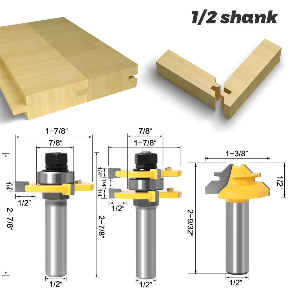 3 pc 12mm 1/2 Shank high quality Tongue & Groove Joint Assembly Router Bit 1Pc 45 Degree Lock Miter Route Set Stock Wood Cutting