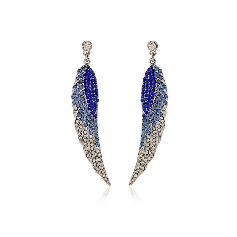 1 pair Fashion Charm Women Stud Earrings Classic Long Rhinestone Angel Wings Feather Crystal Earrings with Stone Brincos Jewelry