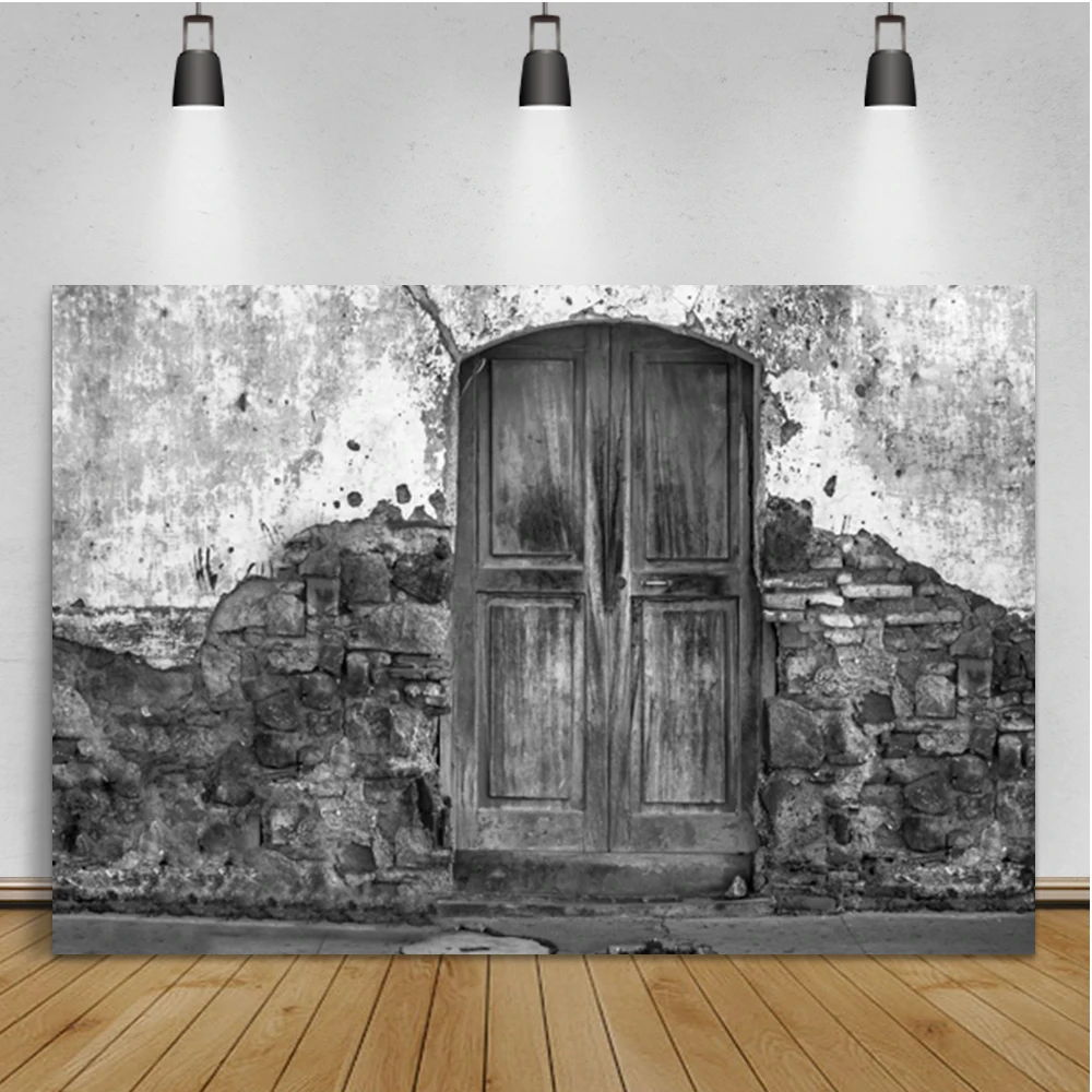 Laeacco Grunge Broken Brick Wall Wooden Door Black White Room Decor Portrait Backdrop Photographic Photo Background