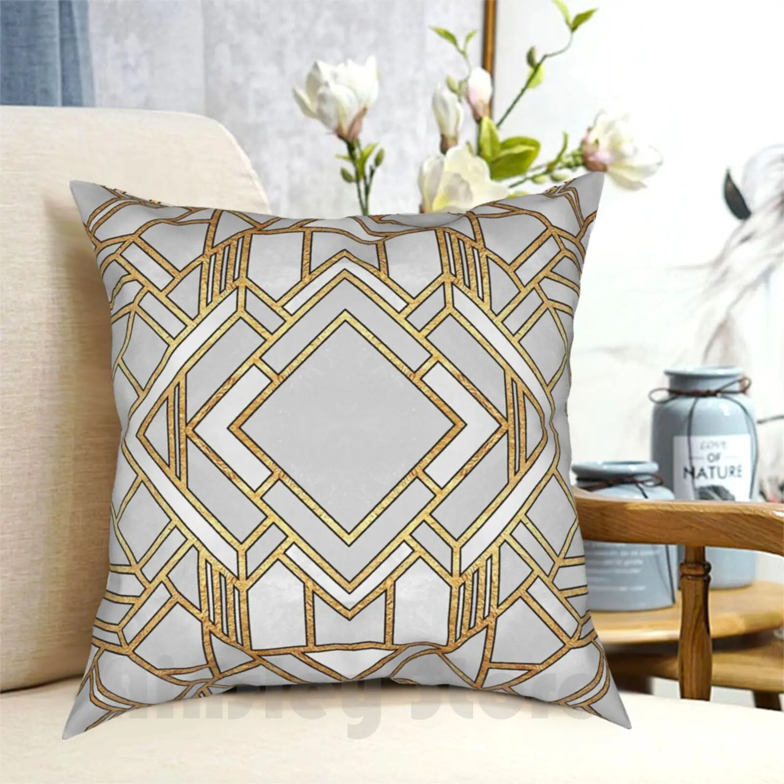 Art Deco 1 Pillow Case Printed Home Soft DIY Pillow cover Graphic Abstract Art Lines Gold Golden White Geometric Geometric