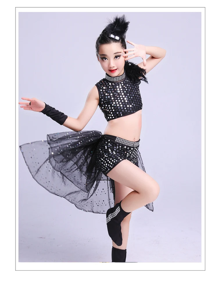 Girl Jazz Dance For Girls Jazz Dance Costumes for Kids Hip Hop Dancing Child Sequins Stage Performance Black Hip Hop Costumes