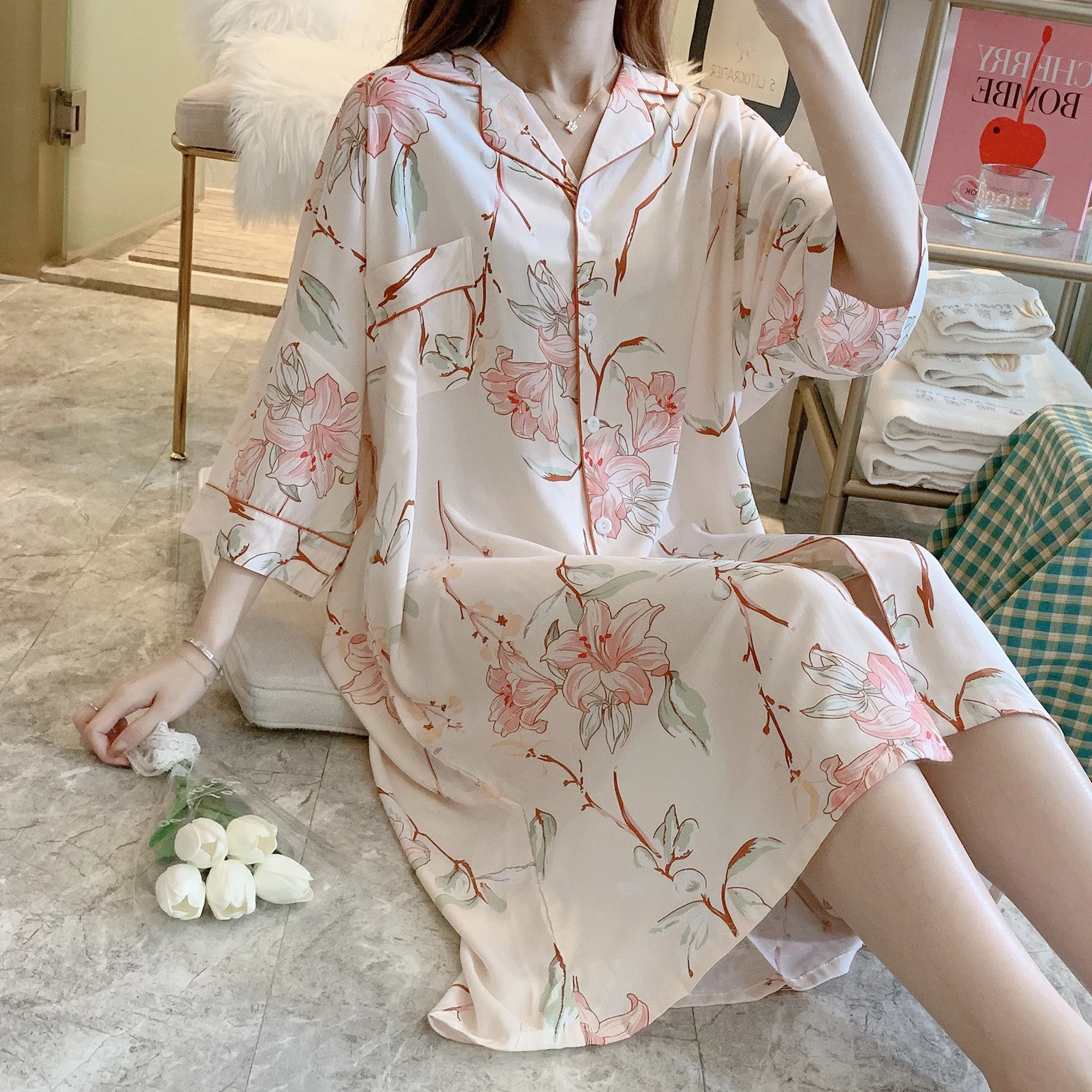 Camisón con estampado Floral para mujer, ropa de dormir femenina, camisón de verano, ropa de casa de talla grande