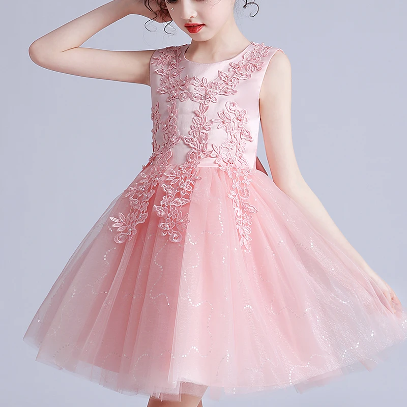 Girl Kid Dress 4-12 Flower Dress Wedding Party Clothing Frock Flower Beading Gown Princess Summer Short Dress Costumes M683