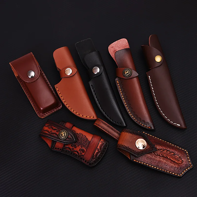 First Layer Real Cowhide Pocket Folding Small Straight Knife Scabbard Sheath Leather Case Cover Holster Outdoor Hunt Waist Belt