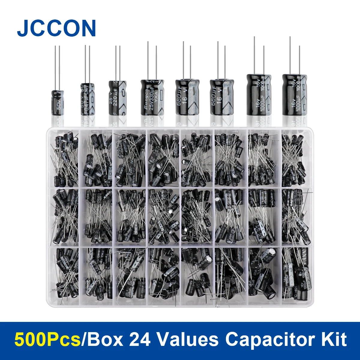 500Pcs 24 Values Electrolytic Capacitor Box Kit Range 0.1UF-1000UF 16V-50V Mix Aluminum Electrolytic Capacitor Assorted Kit