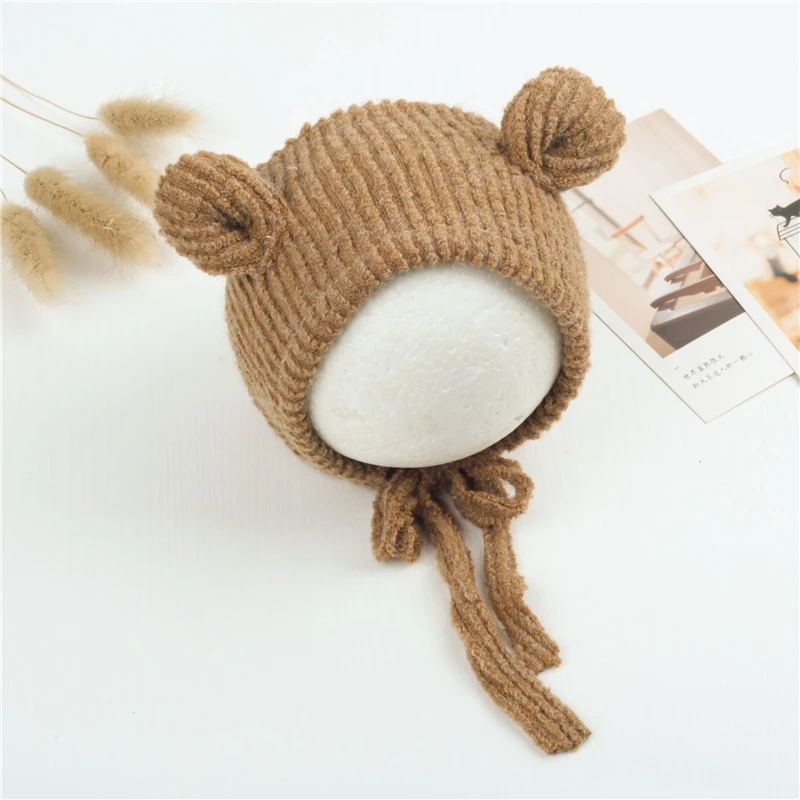 Sombrero de fotografía para bebé, pompón de piel de conejo, gorros de pana para bebé, gorros de oso, accesorios para fotos de recién nacido, recién