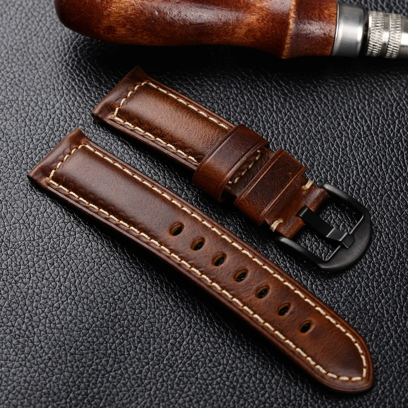 Handmade Leather Watchband 20 22 24MM Oily Cowhide Vintage Style, Brown Men Thick Model Suitable For PAM111 441