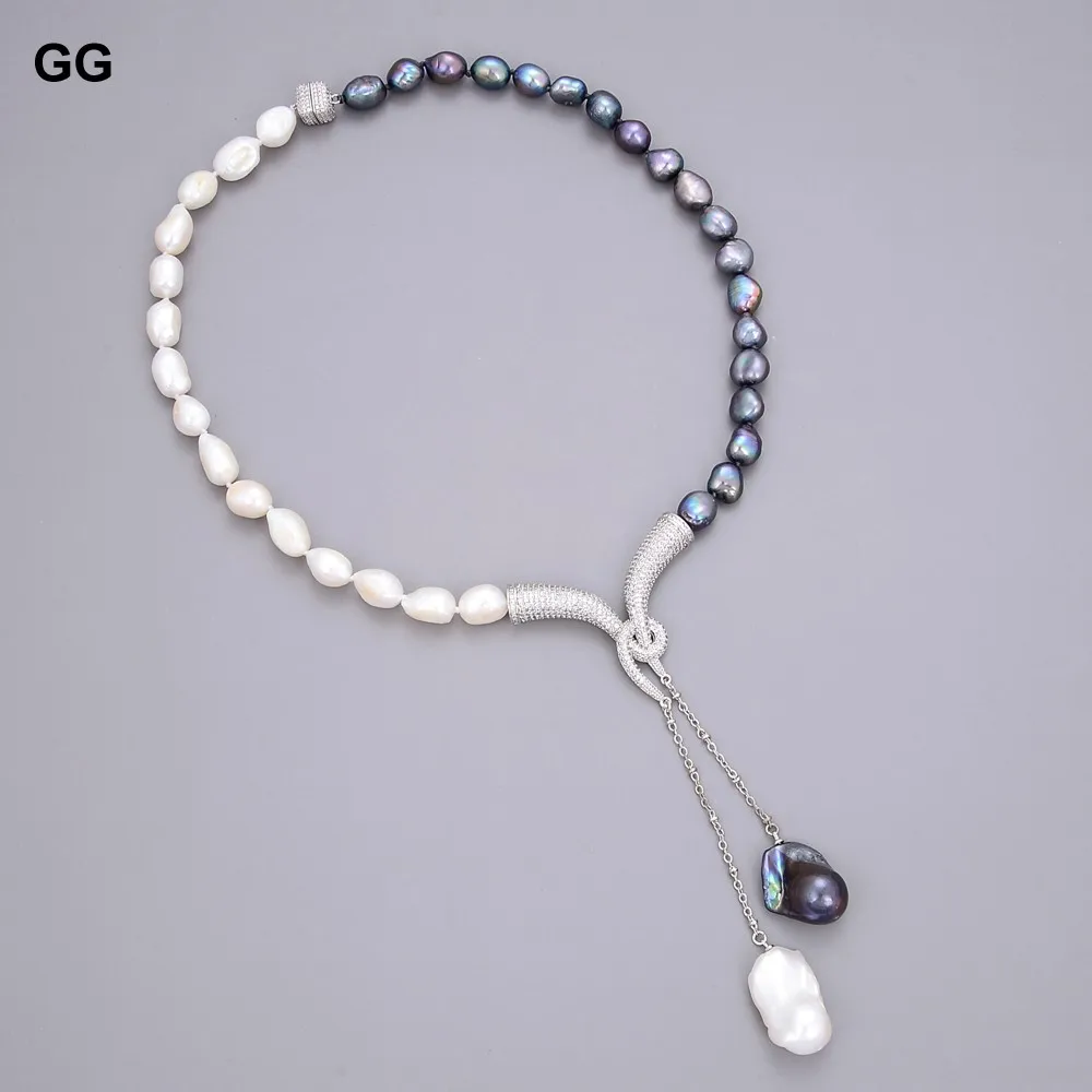 

G-G Classic 19" Natural Black White Keshi Baroque Pearl Necklace Baroque Pearl CZ Paved Pendant For Women