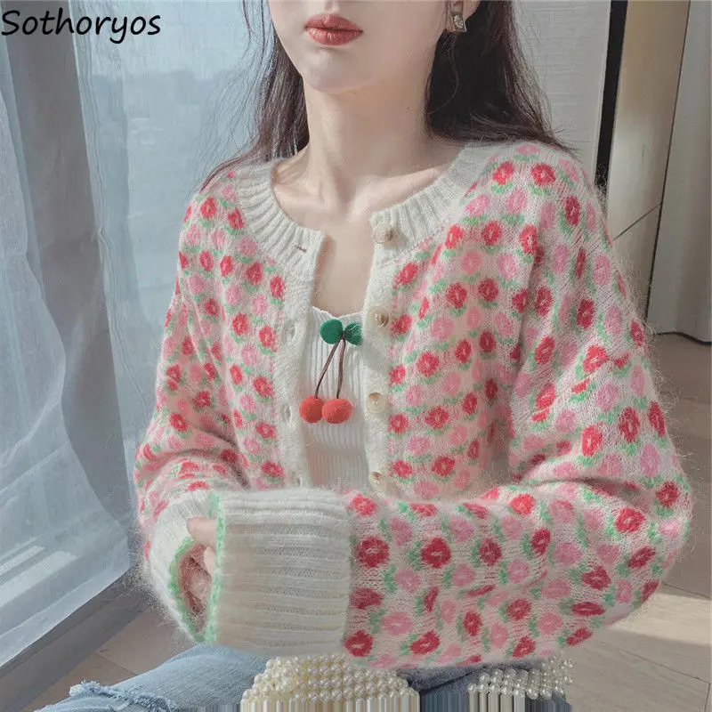 

Pink Floral Cardigan Women Sweet Crop Top Slender Knitting Spring Lovely Girls Soft Fresh Ulzzang Teenagers Gentle Sweaters Chic