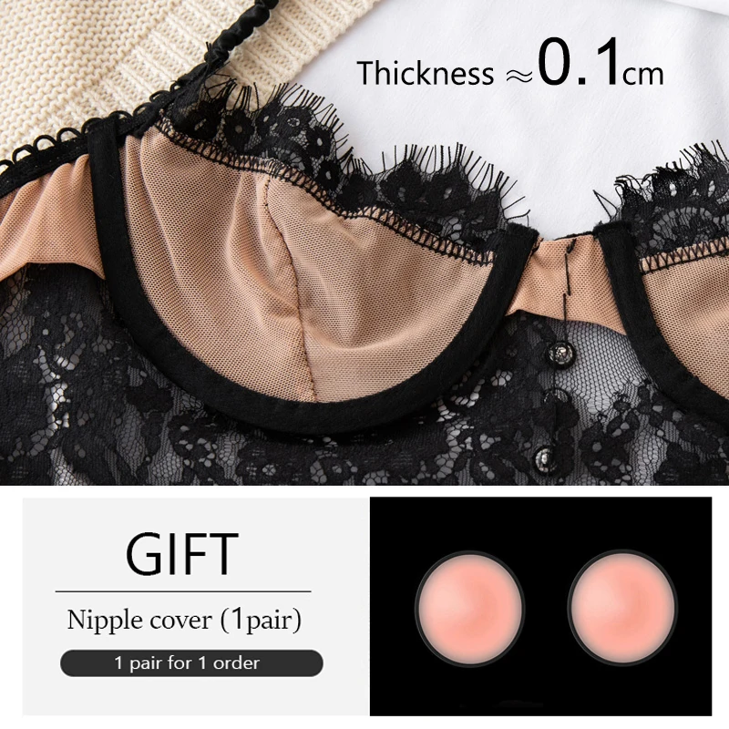 Fashion Black Eyelash Lace Bras For Women Ultra Thin Underwire Push Up Brassiere Embroidery Underwear Top Backless Sexy Lingerie