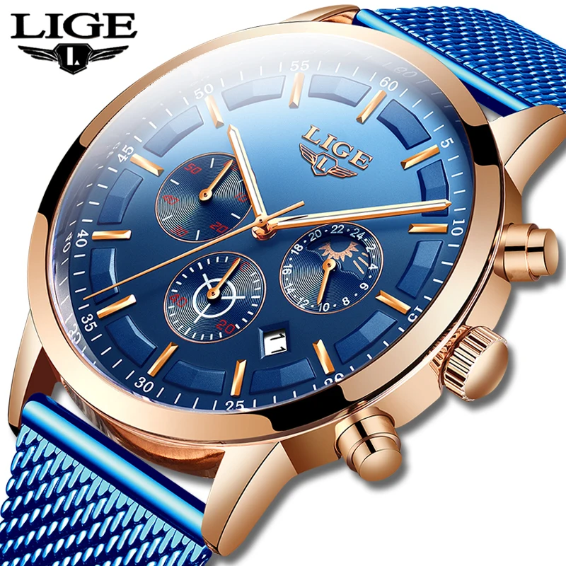 LIGE Top Brand Luxury New Fashion Simple Watch for Men Blue Dial Watch Mesh Belt Sport Waterproof Watches Moon Phase Wrist Watch