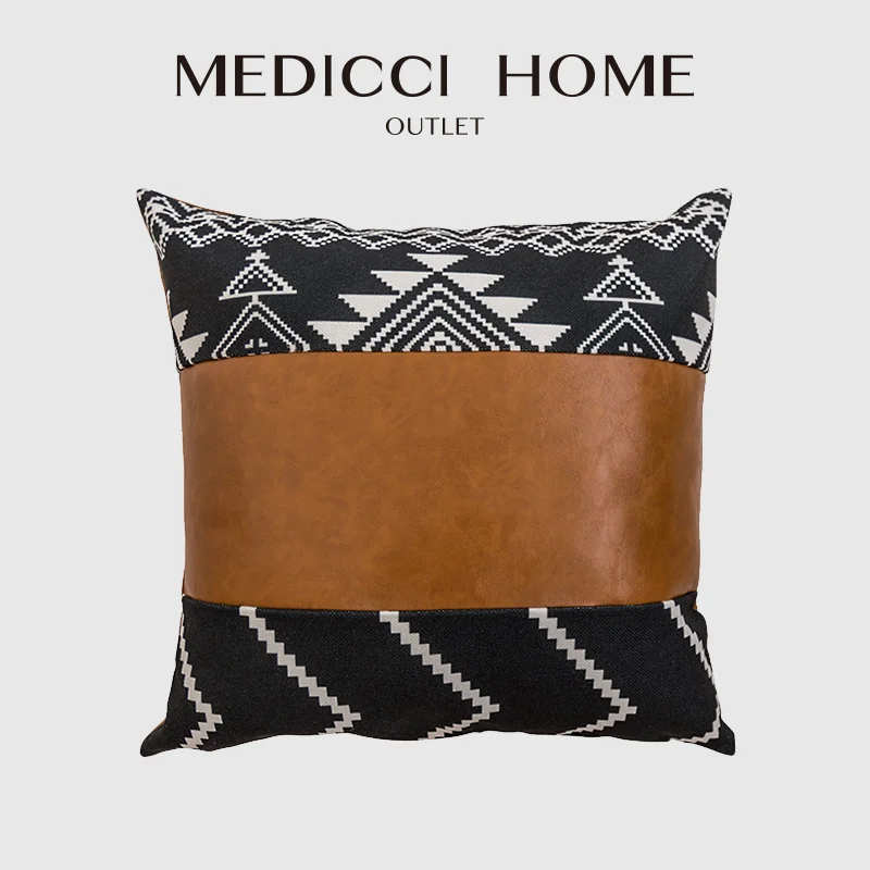 Medicci Home Luxury Moroccan Boho Cushion Cover Black Canvas Brown Leather Patchwork Tribe Ethnic Decorative Pillowcase 45x45cm