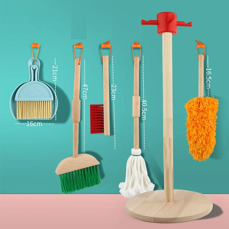 Wooden Housework Clearning Tool Toys Pretend Play Cleaning Broom Mop Brush Set Educational Toys For Children Gift